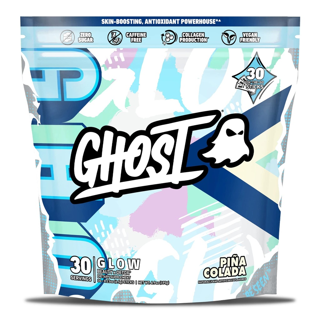 GHOST Glow Sticks: Beauty and Detox Supplement - 30 On-The- Stick Packs, Pina Colada - Hyaluronic Acid, Biotin & L-Theanine pro Skin- Boosting Support - Cukr zdarma, gluten zdarma