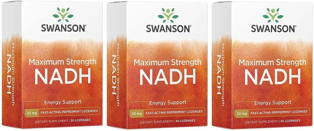 Swanson Maximální síla NADH - Fast- acting Peppermint Lozenges to Promote Brain Health and Energy Support - Vitamin B3 Koenzym na pomoc boji proti únavě - (30 tablet, 20mg každý) 3 balení