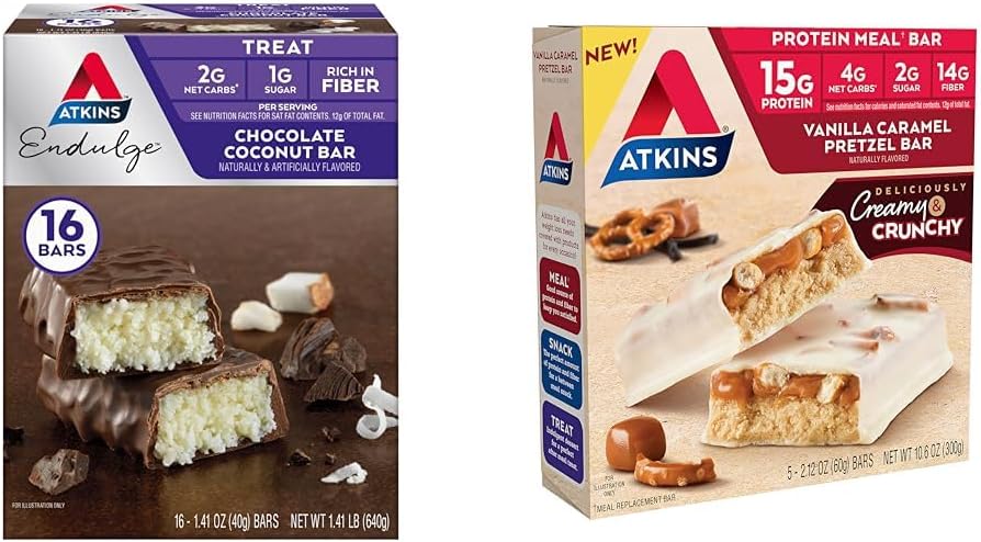 Atkins Chococonut Coconut Bar 16 Počet, Vanilla Karamel Pretzel Protein Meal Bar 5 Počet