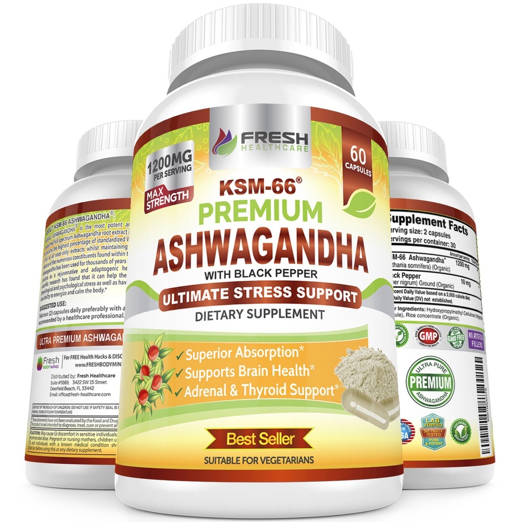 ČERSTVÁ ZDRAVOTNÍ CARE Ashwagandha Kapsle KSM- 66 1200mg Čistý kořenový extrakt s černým pepřem pro vysokou absorpci - Možný Ashwagandha dodatek - 60 Veganské Kapsle