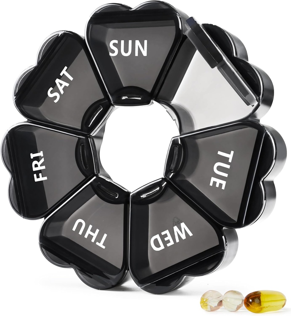 MOLN HYMY Velký Pořadatel pilulek 7 den, Pretty Weekly Pill Box Case, Cute Girly Medicine Dispenser Container for Vitamin, Gummy, Medikace, Dodatek (Black)