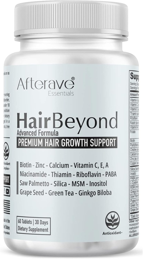HairBeyond Advanced Hair Growth Formule Zlepšuje sílu folikulu a skalpu pro silnější růst, Vlasové ztráty ochrana, Vitamin A, C, E, B Komplex Saw Palmetto Silica Zinek vápník Niacin Thiamin Biothiamin