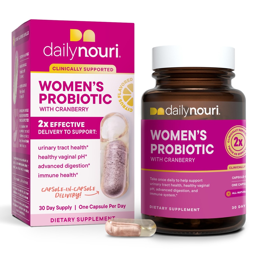 Denní nuri probiotika pro ženy current 124; Vaginální zdraví + Podpora močových cest currency currency 124; Vaginální pH a microbiome balance currency 124; 5 Klinicky studované proužky + Cranberry & Omega currency 124; 30- Day Supply