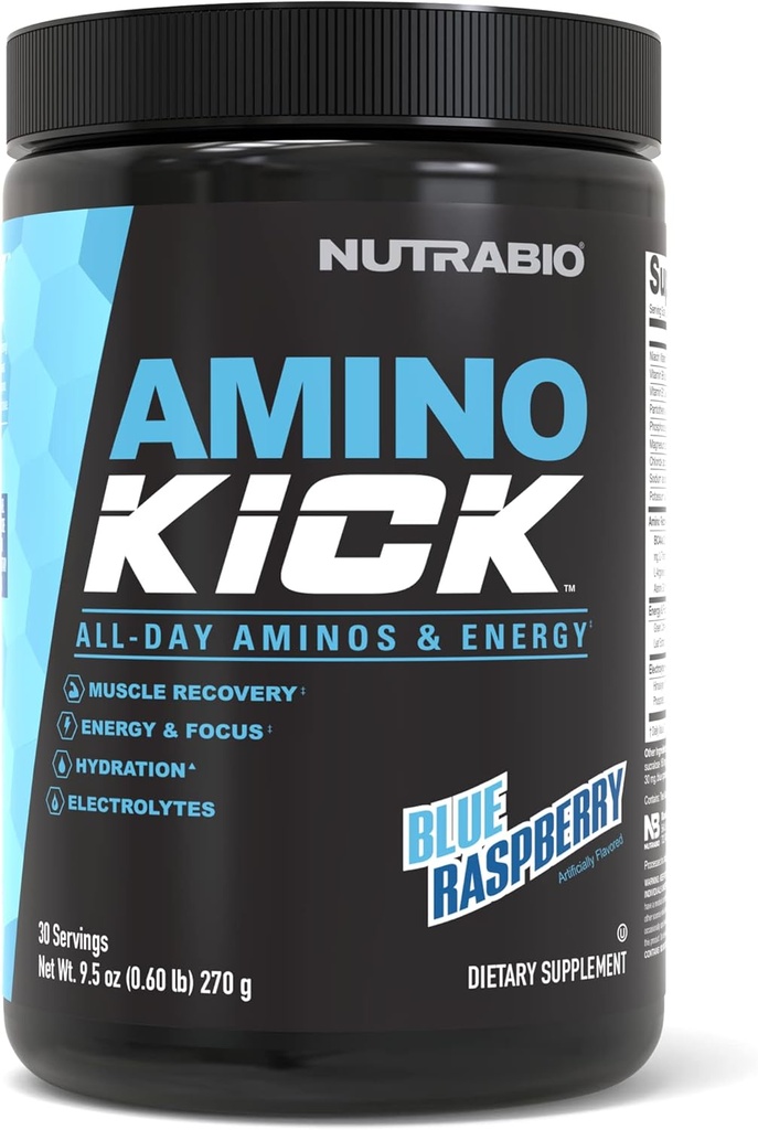 NutraBio Amino Kick - BCAA Powder with Natural Caffeine - Amino Acids Supplement for Energy, Hydration & Recovery - BCAA, Electrolytes & Amino Acids - Blue Raspberry, 30 Servings