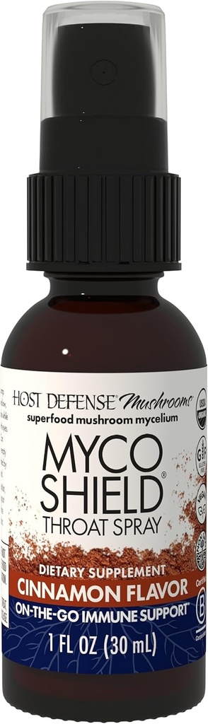 Hostitelská obrana MycoShield Krční sprej - Imunitní podpora zdraví - Dietní houba dodatek s Chaga, Reishi, Turecko Ocas & Více - On-The- The- Imunitation Support - Skořice Flavor, 1 fl oz (71 Servings) *