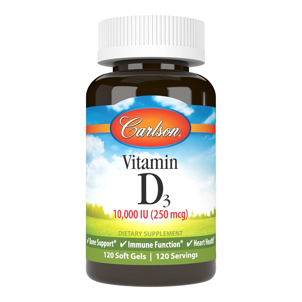 Carlson - Vitamin D3, 10000 IU (250 mcg), doplňky vitaminu D, Kostní a imunitní podpora, Vitamin D3 Softgels, Heart Health, Gluten Free Vitamin D Kapsle, 120 Softgels