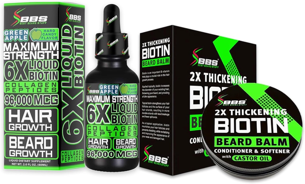 Beard Growth Kit w / 2X Thickening Biotin Beard Balm & Mustache Wax + 6X Liquid Biotin with Collagen Peptides for Facial Hair Growth - Vyrobeno v Americe