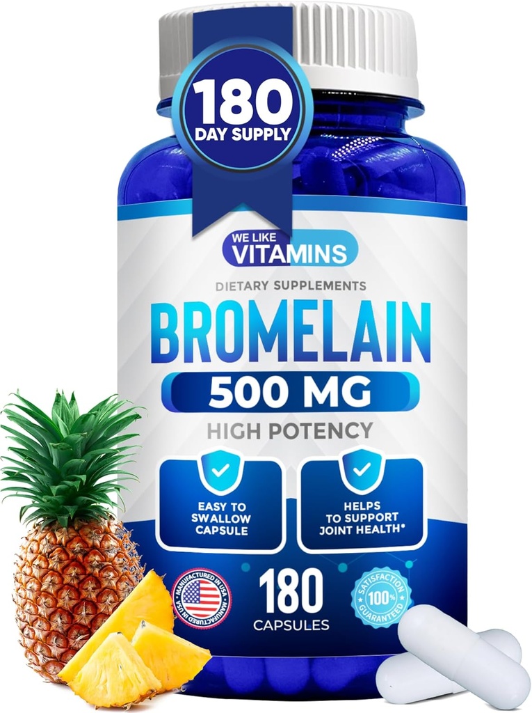 Máme rádi Vitamíny Bromelain 500mg Kapsle - 1200 GDU / Serving - Bromelain dodatek z ananasové extrakce - Proteolytické enzymy pro potravu, absorpce, společná bolest, svalová bolestivost - 180 Kapsle