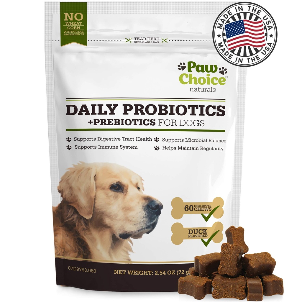 Paw Choice Probiotika pro psy s prebiotiky - Denní žvýkání pro Gut zdraví, trávení, Regularita, a imunitní podpora - Přírodní doplněk Treat Made in USA