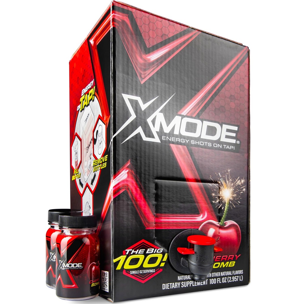 XMODE Extra Energy Shots on Tap - Cherry Bomb Flavor, Sugar Free, 150mg Caffeine per oz, B12, 100 (1oz) Servings, Dipenser s 2 Refillable Bottles