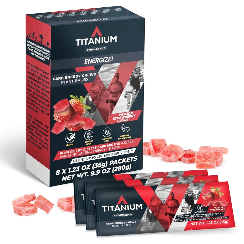 TITANIUM Energy Chews for running, Cyklistika - Plant- Based Natural Endurance Energy Gummies to Re Fuel - Energetické doplňky - Precvičení Snack Bloks - Rychlejší než energetické gely - No Caffeine - 8 Počet