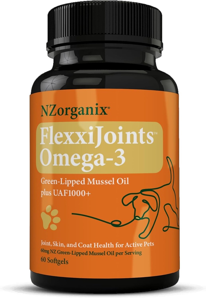 FlexxiJoints Omega-3 Hip and Joint Supplement • Green- Lipped Mussel Omega-3 Oil for Dogs • 100% Nový Zéland Green- Lipped Mussels (60 Softgels)