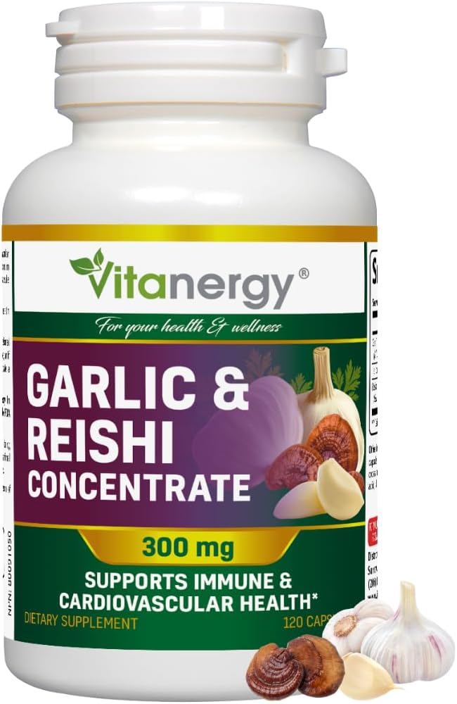 Česnek a Reishi Kapsle - Kardiovaskulární zdraví a imunitní podpora - Potent celý žárovky extrakt, bez pachuť - 120 Vegan Caps