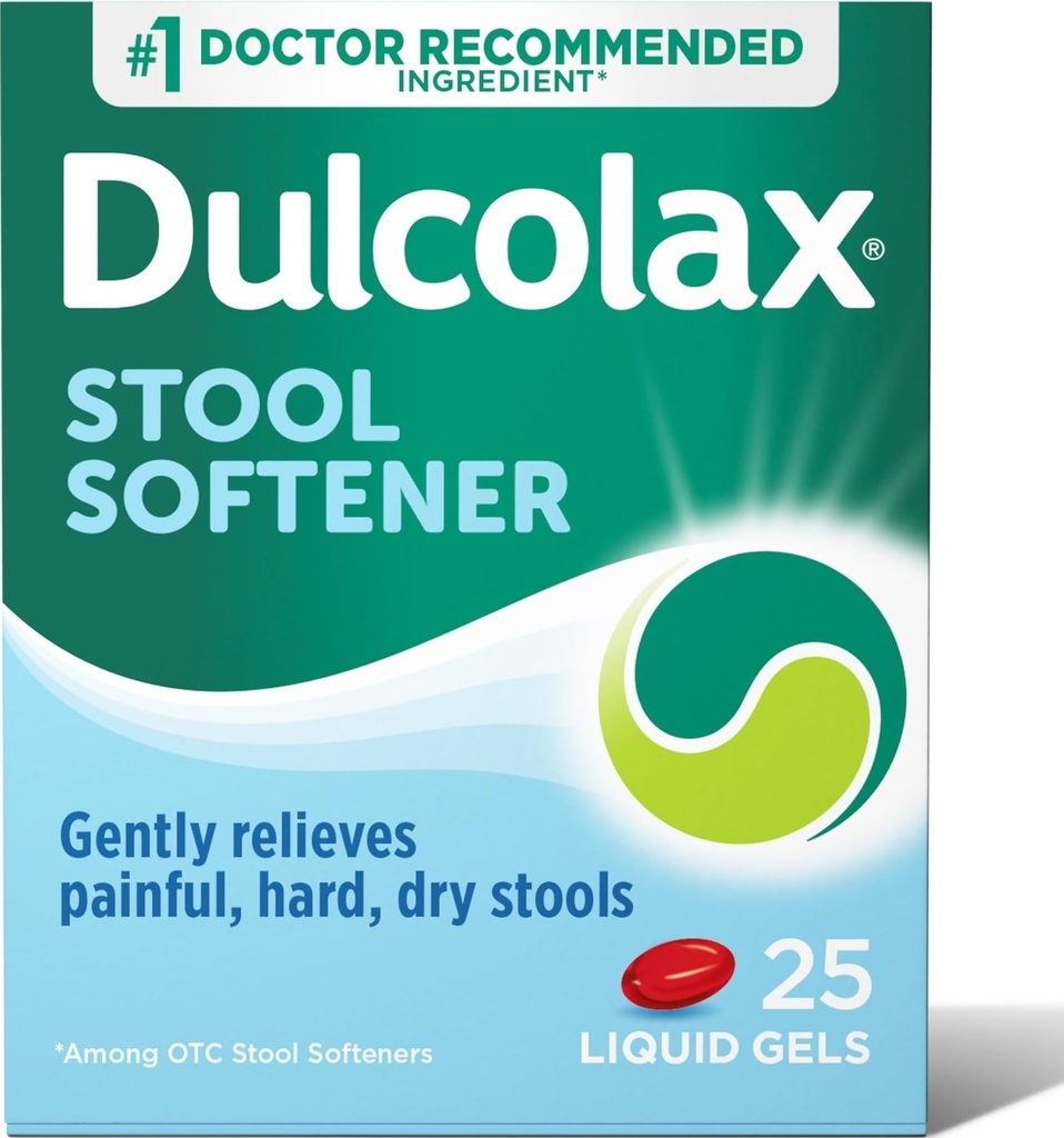 Dulcolax Stool Softener Laxative Liquid Gel Kapsle, Gentle Constolly Relief for Hard, Such Stools, Docusate Sodium 100 mg, 25 Počet