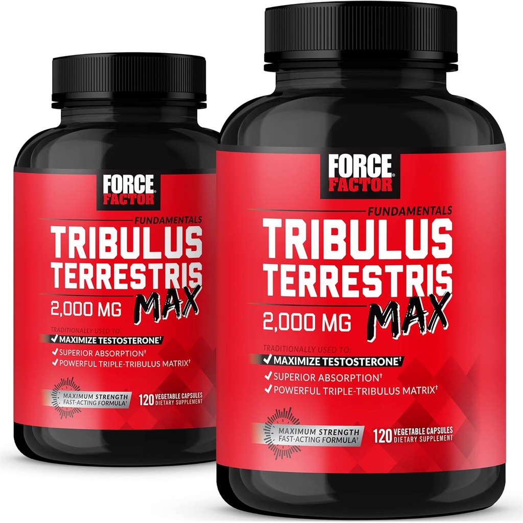 FORCE FACTOR Tribulus Terrestris Max pro muže 2- Pack, Testosteron Booster, mužský doplněk Vitality, Vyrobeno s klíčovými přírodními složkami Superior Absorpce, 2000mg, 240 Kapsle, červená