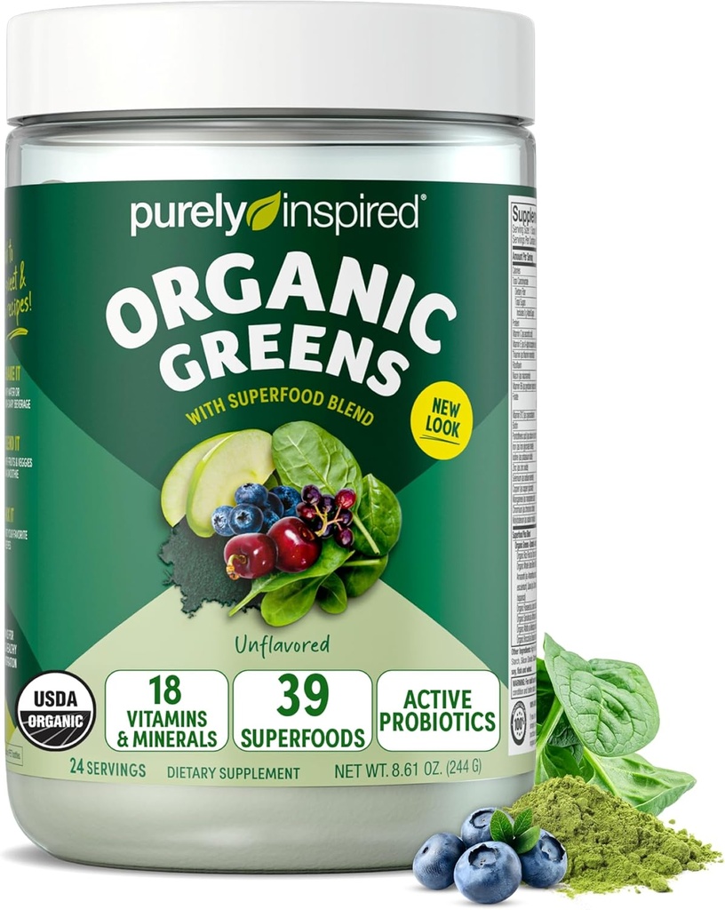 Čistě inspirované organické zelené prášek Smoothie Mix, bez příchutí (24 Služeb) - Probiotika pro trávicí zdraví se Spirulina & Chlorella pro Gut zdraví - Vegan & gluten- zdarma