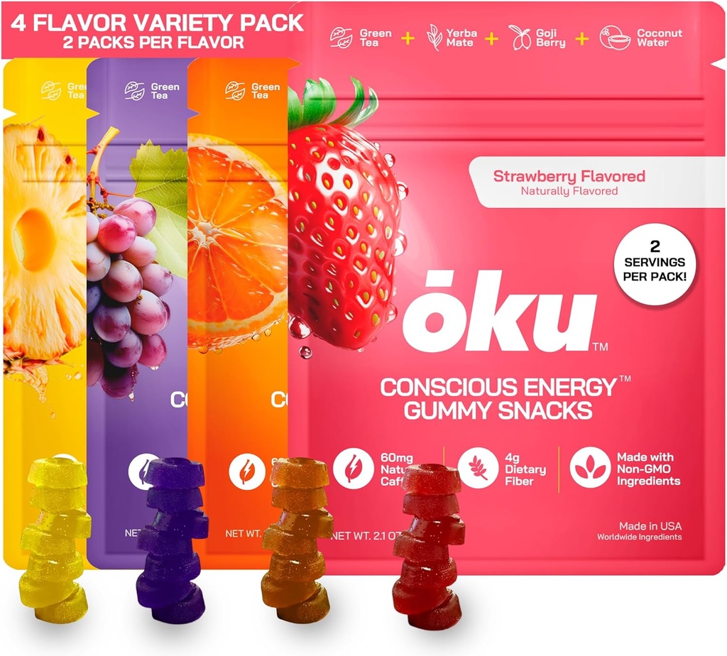 Yau Energy Chews - Energy Gummies w / Přírodní kofein ze zeleného čaje 124; Yerba Mate, Coconut Water for Hydration, 4g Fiber Gummy, Non- GMO CY124; běh, Cyklistika, On- TheBe- Snacks, Variety Pack (8-Pack)