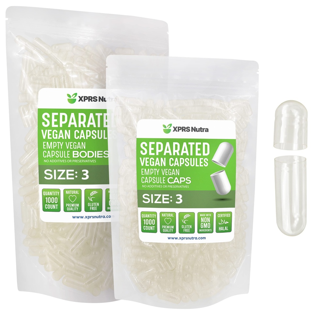 XPRS Nutra Vegan Velikost 3 Separated Capsules - 1000 Hrabě Premium Prázdné Caps Separated in Bags - Clear Prázdné kapsle - Prášky pro DIY Dodatek Náplň