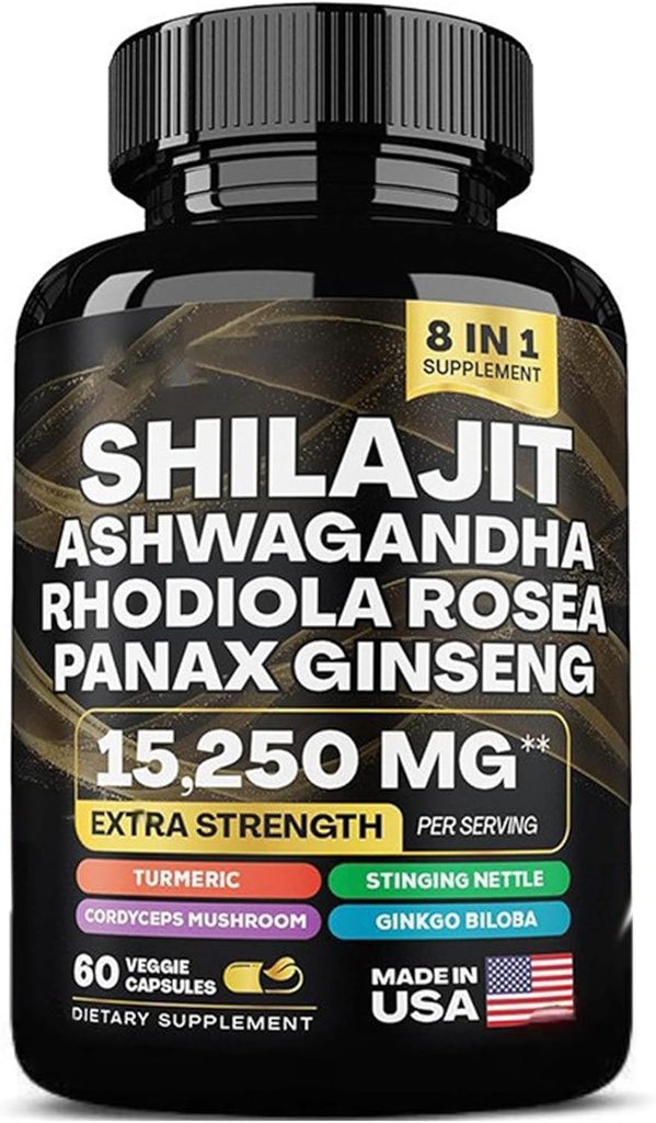 shilajit 9000 mg, Ashwagandha 2000 mg, Rhoddiola Rosea 1000 mg, Panax Ginseng 1500 mg, cordyceps Mushroom 500 mg, Ginkgo Biloba 500 MG, StringNettle 250 mg, Tumerical 500 mg.