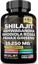 shilajit 9000 mg, Ashwagandha 2000 mg, Rhoddiola Rosea 1000 mg, Panax Ginseng 1500 mg, cordyceps Mushroom 500 mg, Ginkgo Biloba 500 MG, StringNettle 250 mg, Tumerical 500 mg.