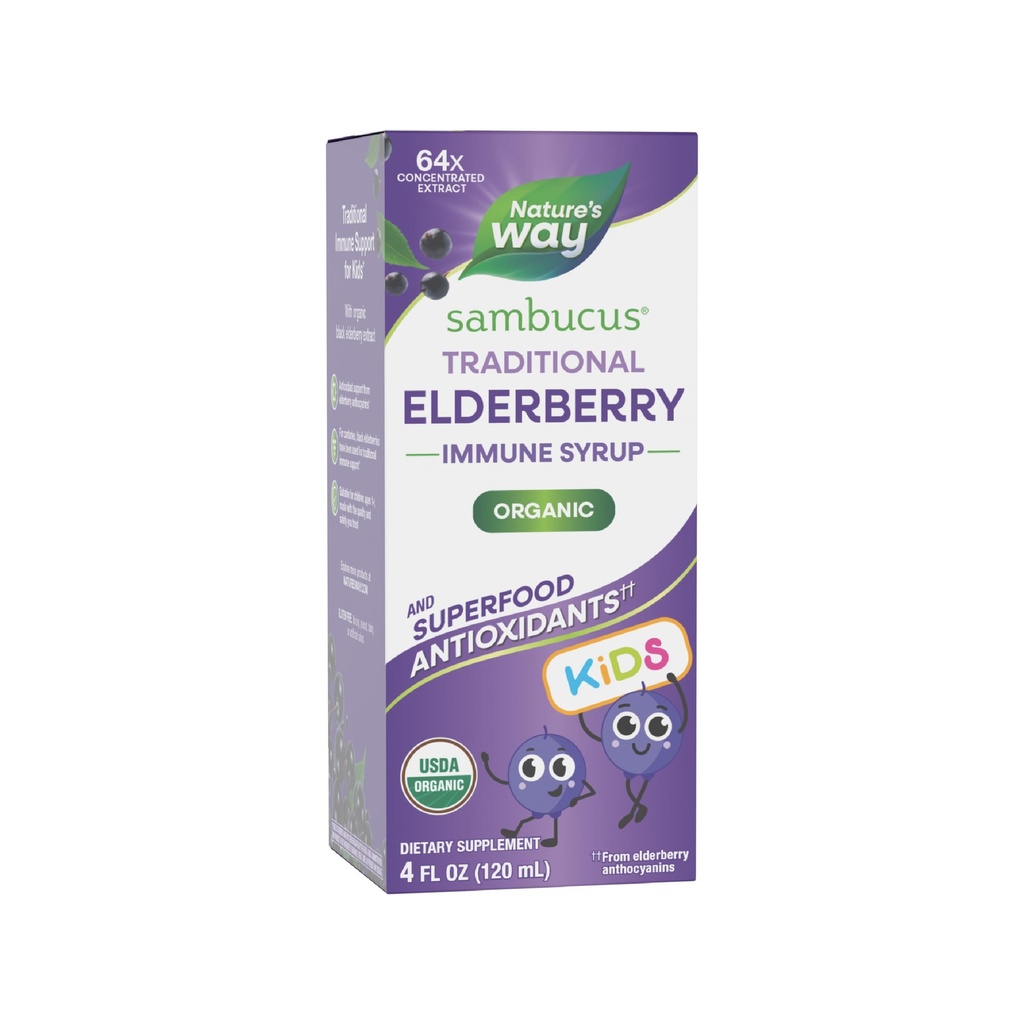 Nature 's Way Sambucus Elderberry Tradiční imunitní syrup pro věky 1 +, Tradiční imunitní podpora *, Antioxidant Support *, Black Elderberry Extract, USDA Certified Organic, 4 Fl Oz