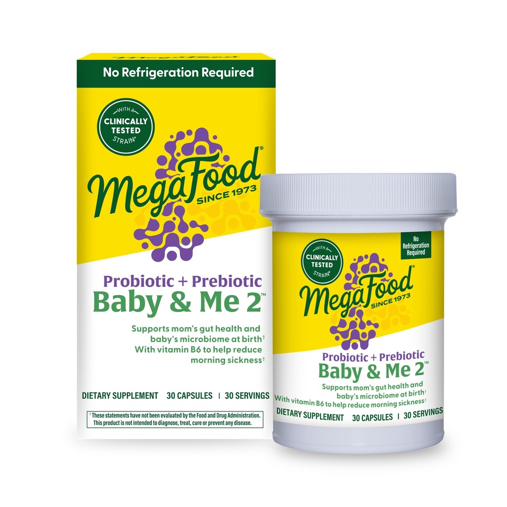 MegaFood Baby & Me 2 Prenatální probiotika, Vegetariánská prebiotika a probiotika pro ženy, Digestivní zdraví a imunitní podpora s vitaminem B6 pro ranní nevolnost, 30 Kapsle