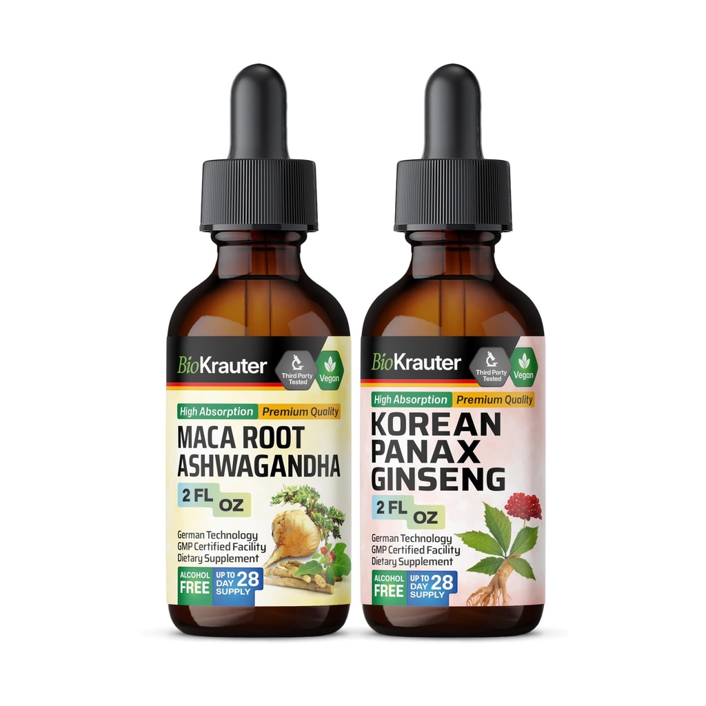 BIO KRAUTER Maca Root Ashwagandha tinktura 2 Fl. Oz. & Korean Panax Ginseng tinktura 2 Fl. Oz.