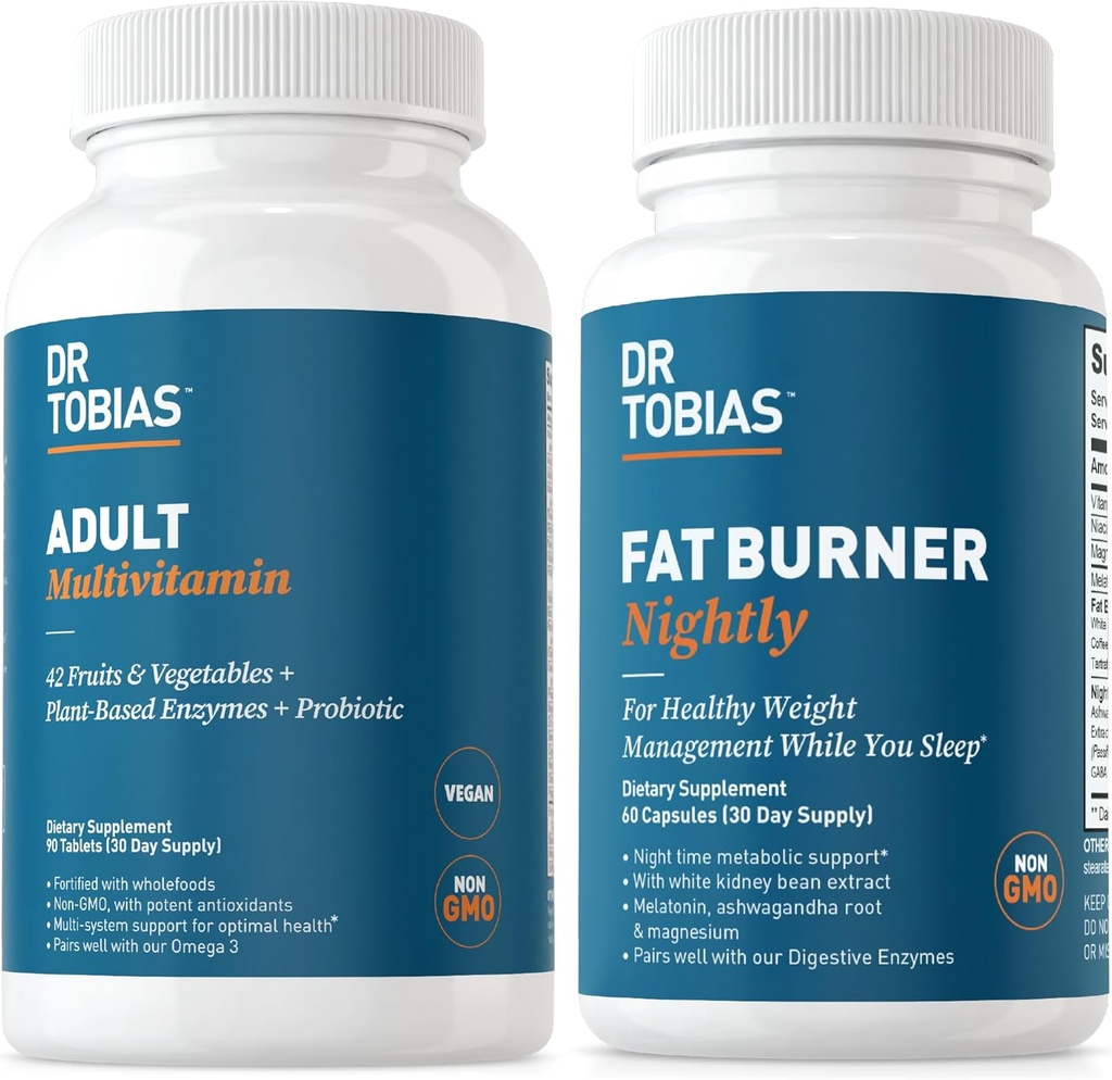 Dr. Tobias Fat Burner Nightly & Dospělý Multivitamin podporuje energii, imunitu a metabolismus s Ashwagandha. 42 Ovoce a zelenina s probiotika, Green Coffee Bean Extract, Non- GMO, 30 denní dodávka