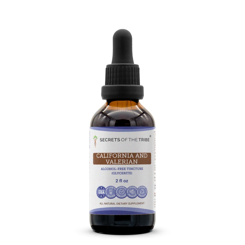 Tajemství Tribe California a Valerian Tincture Alcohol- Free Extract, Byliny (Kalifornie Poppy Herb and Flower, Valerian Root) 2 oz