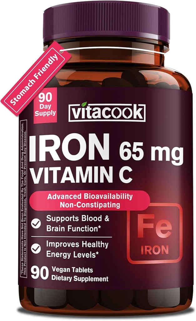 Železný doplněk pro ženy Muži 124; High potency Iron 65mg s vitaminem C 250mg Iron 124; Žaludek Friendly Iron Pills for Red Blood Cell & Imunitary Support PHAR124; Vegan, Non- GMO & Gluten zdarma 124; 90 Tablety