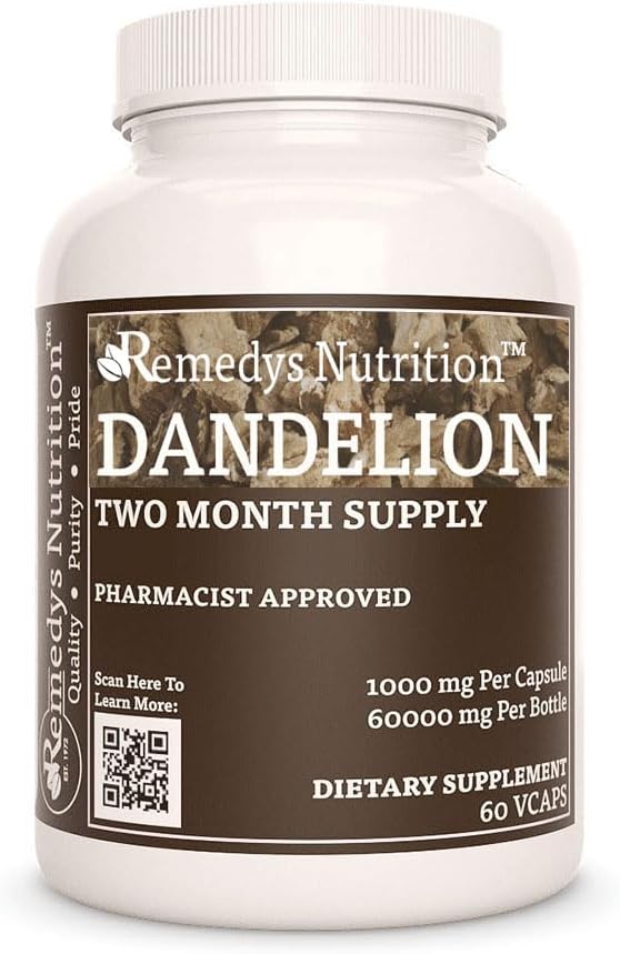 Remedy je výživa Dandelion Root 124; 1000 mg, 60 Vegan Kapsle Bylinné dietní dodatek 124; Dva měsíce Dodávka