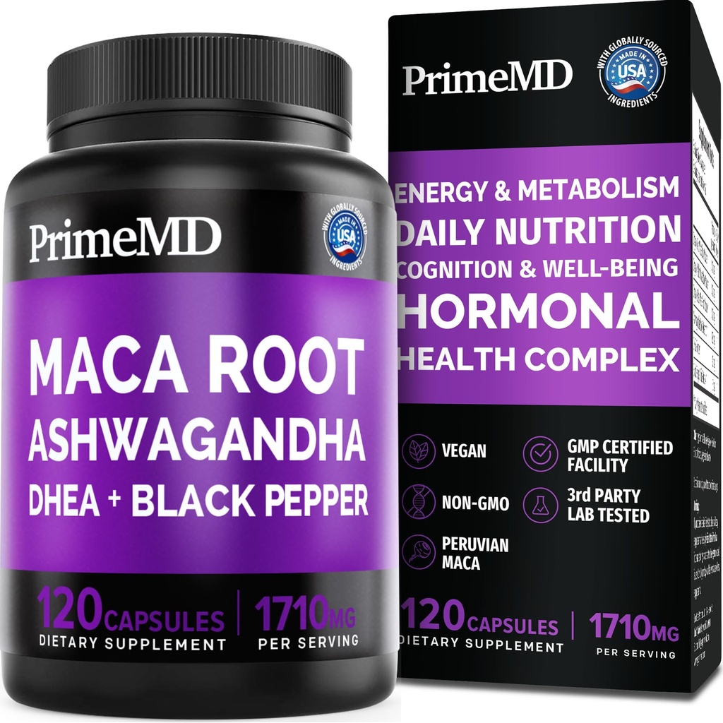 6-in-1 Organic Maca Root Ashwagandha Kapsle 1710mg s DHEA a Black Pepper Fruit Extract pro ženy a muže - Black Maca dodatek pro Stamina, Bone and Mood Supplement, 120 Počet