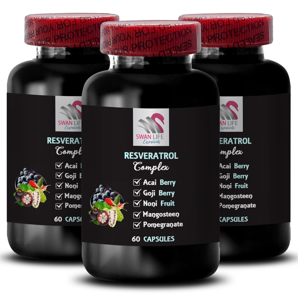 Berry Výhody - RESVERATROL COMLEX - Denní antioxidanty, Acai Berry Síla, Elderberry Boost, Grape Skin Boost, Grape Energy, Goji Berry Power, Hydratační faktor 3 Lahve 180 Kapsle