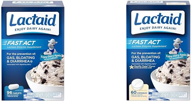 Lactaid Fast Act Intolerance Lactosa Relief Caplet with Lactase Enzyme, 96 Count & Fast Act Lactosa Intolerance Chewables with Lactase Enzymes, Vanilla, 60 Count (Pack of 1)