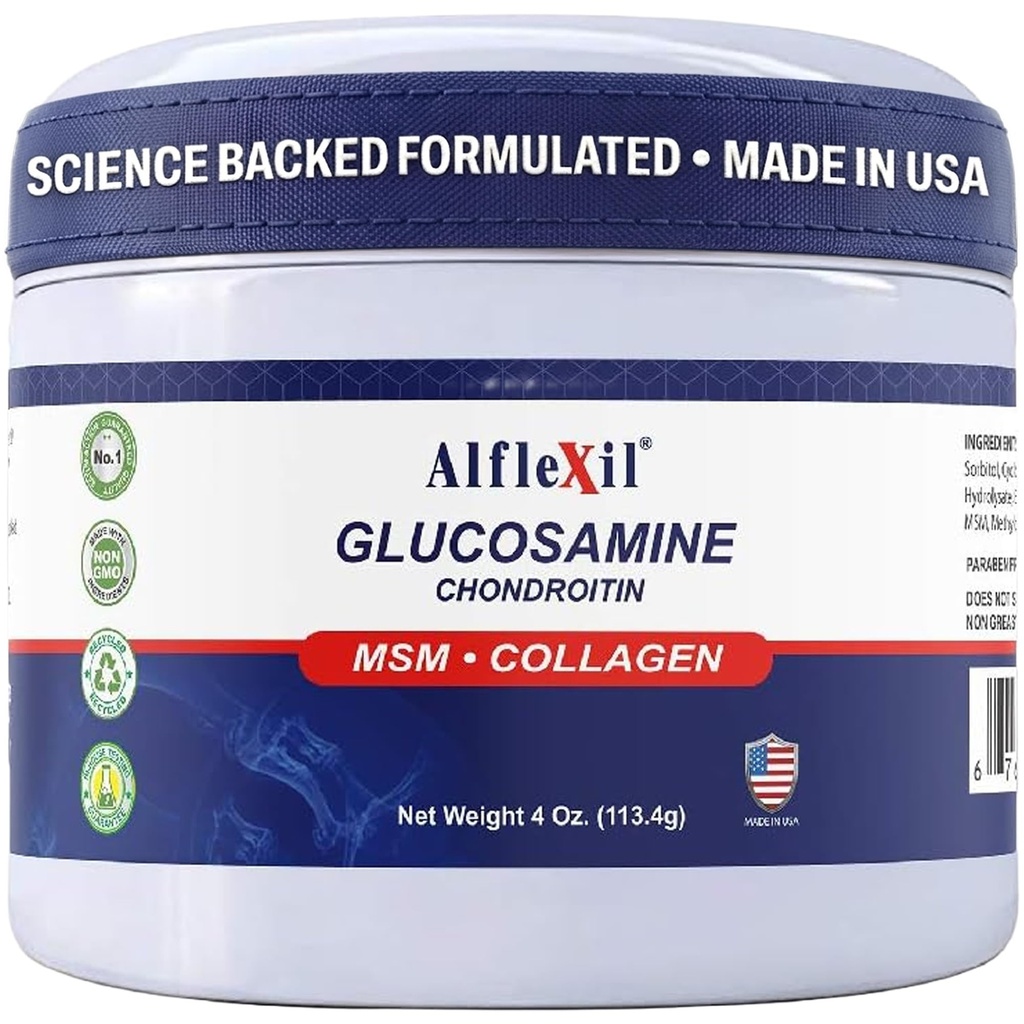 ALFA VITAMINS Alflexil Glucosamine Plus Chondroitin Cream s MSM & Collagen, podporuje zdravé klouby, kloubní a svalové bolesti, zlepšuje mobilitu, rychlé absorpce, a hydratuje pleť, 4 Oz.