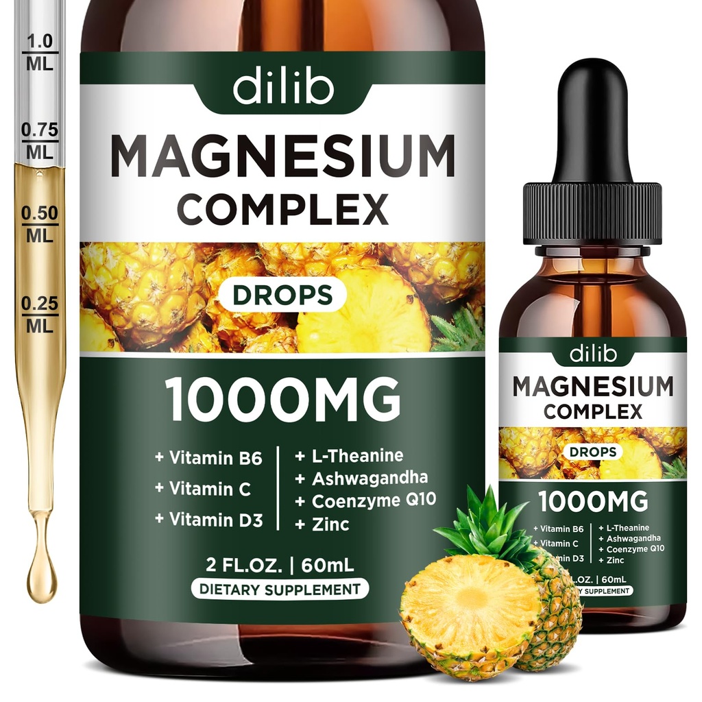 Triple Magnesium Complex Supplement, Magnesium Glycinát, Směs, Citrát Kapky 1000mg s Ashwagandha, CoQ10, Vitamin B6, C, D, Zinek - Vegan Ananas Flavor