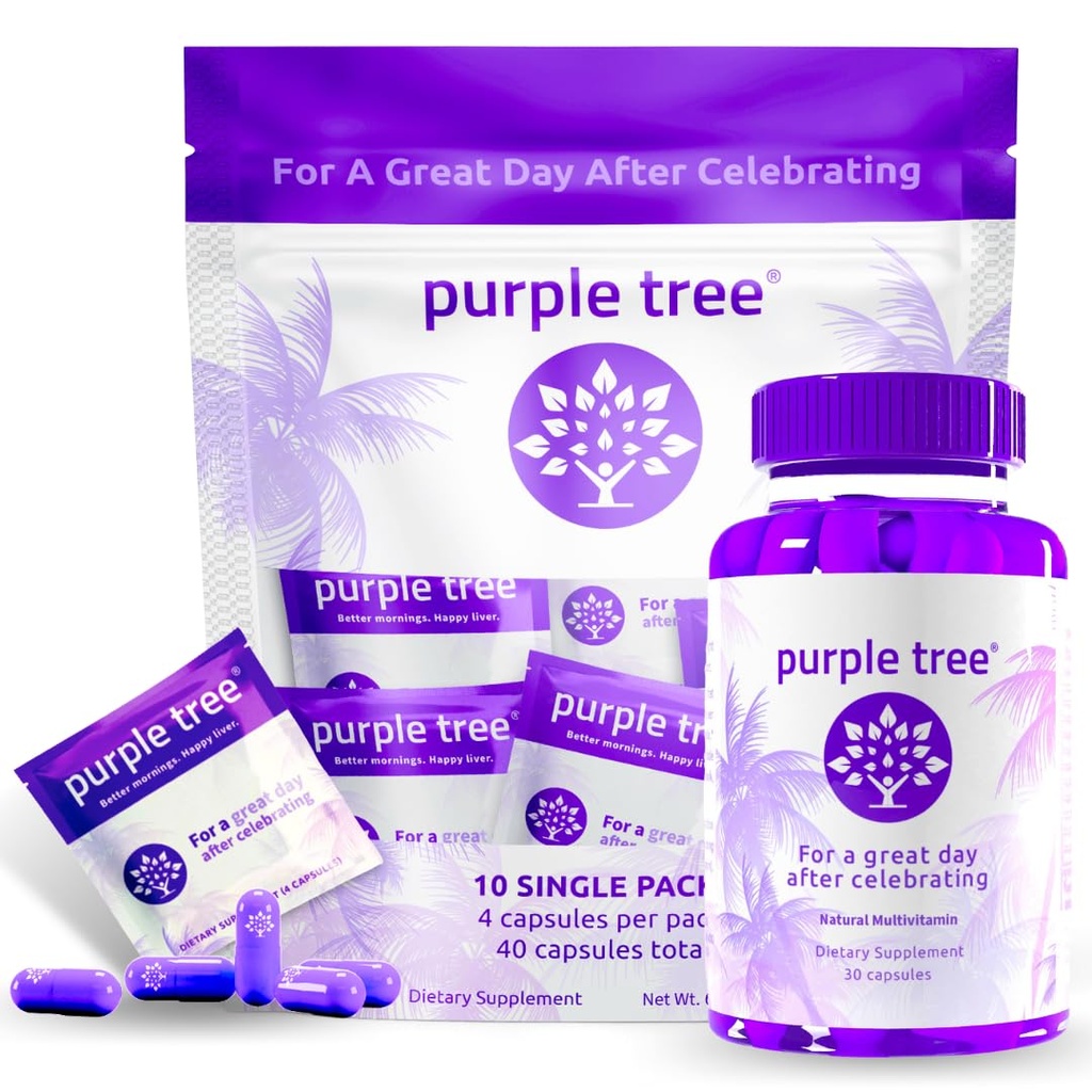 purple tree Post- Celebration Wellness Bottle + Packet Kit Combo, Podpora jater, Rychlá hydratace, Tělesný doplňovač 124; Dihydromyricetin DHM, Mléko Thistle, Electrolyty, Vitamin B, Willow Bark, Quercetin