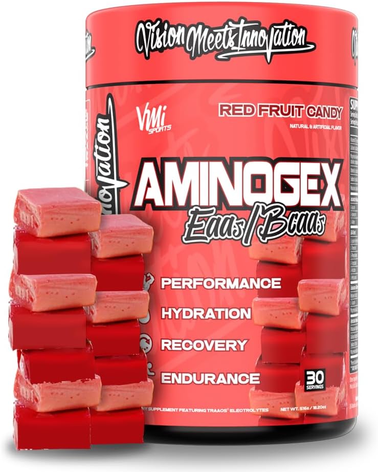 VMI Sports Aminogex Ultra current 124; BCAA Powder current 124; Amino acids + Betaine and glutamin currency 124; Amino acid Post Workout Recovery Drink 124; Intra workout drink with Electrolytes current 124; (30 Servings) (Red Fruit Candy)