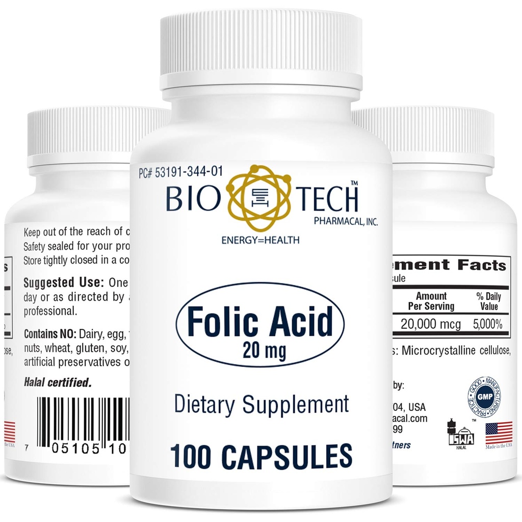 Bio-Tech Farmaceutická kyselina listová (20mg, 100 Počet)
