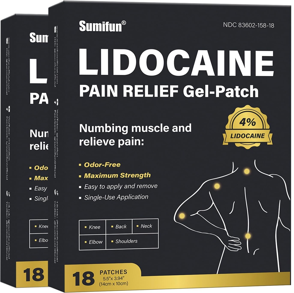Sumifun 4% Lidokain Pain Relief Patches - 36 Count Patches for Back, Rameno, Muscle, Sponky, Kolena Pain Relief - Lower Back Pain Relief Products - Pain Patches Maximální síla Lidokainu