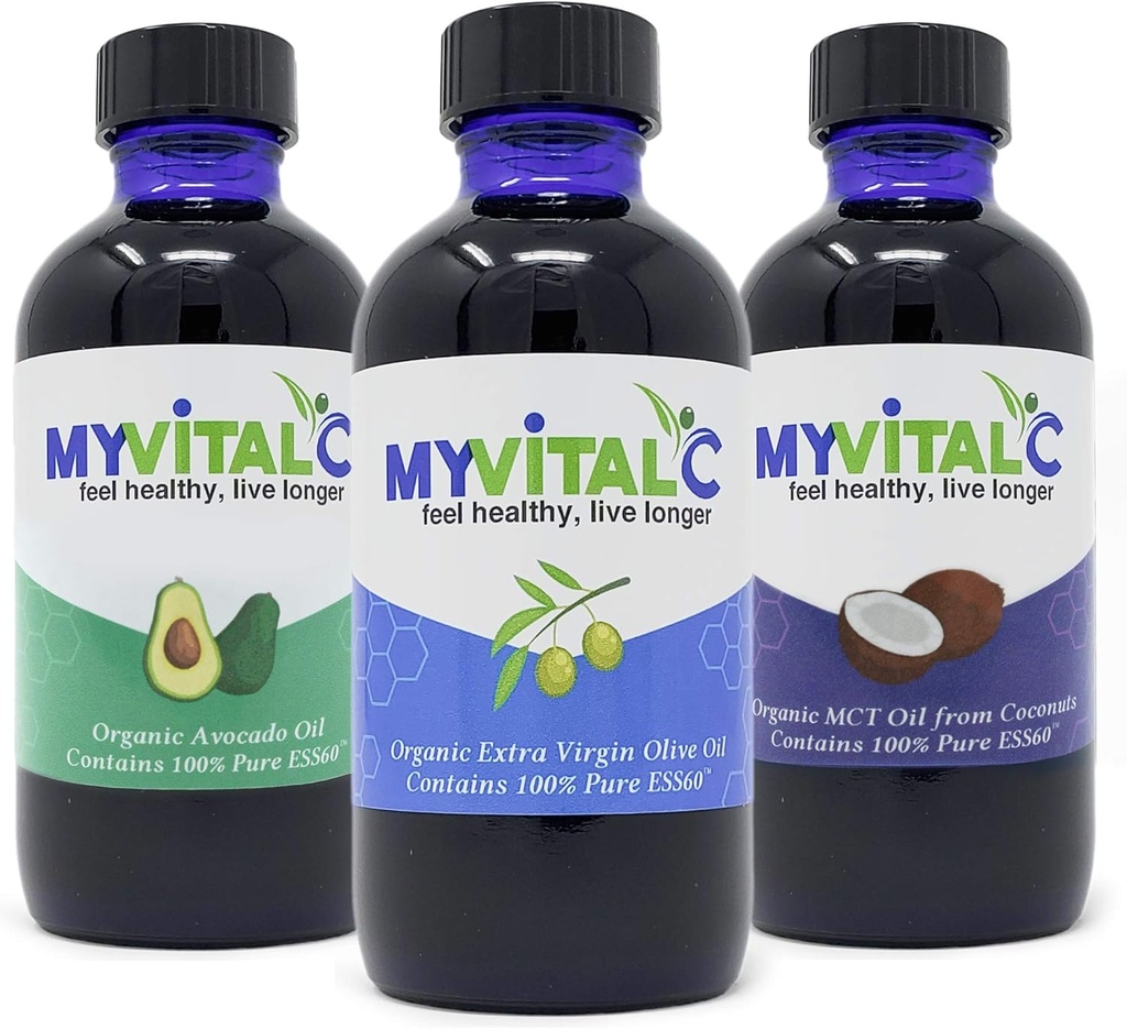 MyVitalC Combo of Organic Extra Virgin Olive Oil, MCT & Avocado Oil - ESS60 Antioxidant Supplement - For Anti- Aging, Longevity, Sleep, Energy - Pack of 3