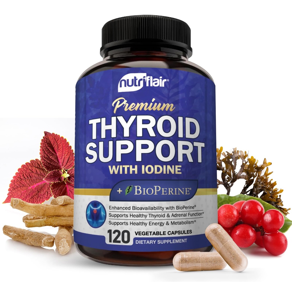 NutriFlair štítné žlázy Support Complex, 120 Kapsle - s jódem, Black Pepper, Ashwagandha, Vitamin B12 - Příplatek štítné žlázy pro ženy a muže