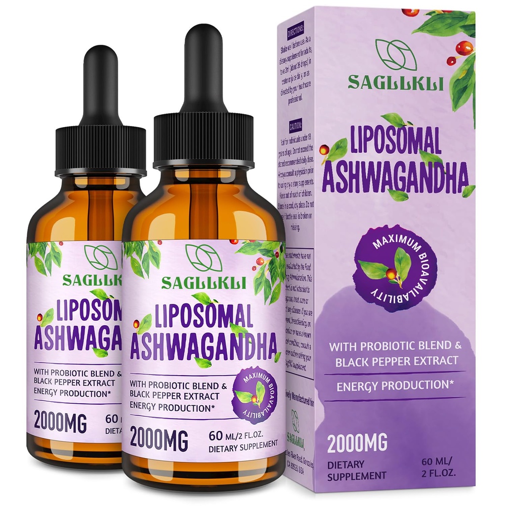 Liposomální Ashwagandha Liquid Drops 2000mg, Ashwagandha Root Extract Dodatek (7% Witanolides) s Black Pepper Extract & Probiotics for Focus, Cognition & Energy - 4 FL.OZ (2 láhev)