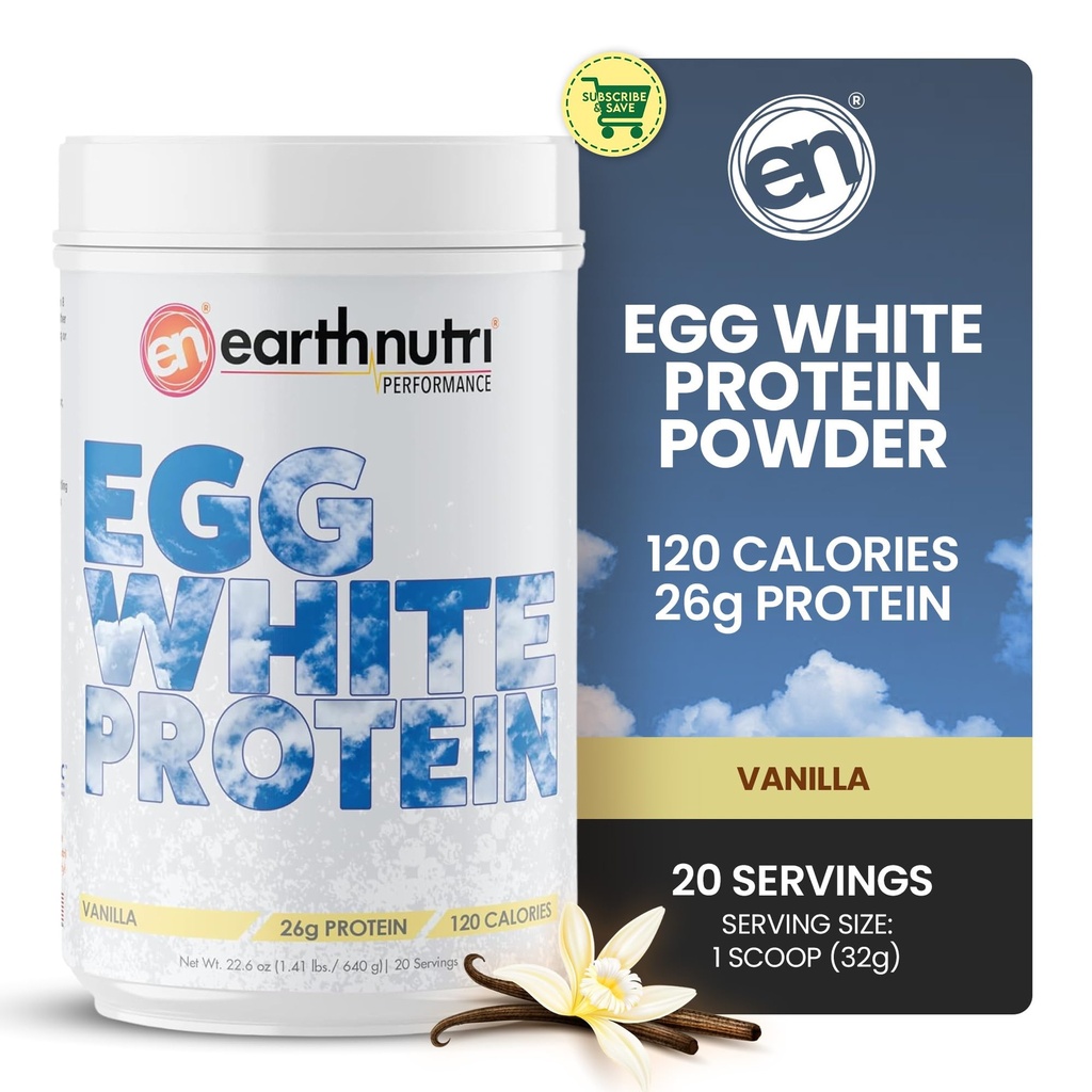 EarthNutri - Vaječný bílý protein prášek dodatek pro Pre, Intra nebo Post Workout, 26g protein per Serving, podporuje svalovou sílu a obnovu, Žádné umělé přísady - Vanilla 20 Servings (640g)