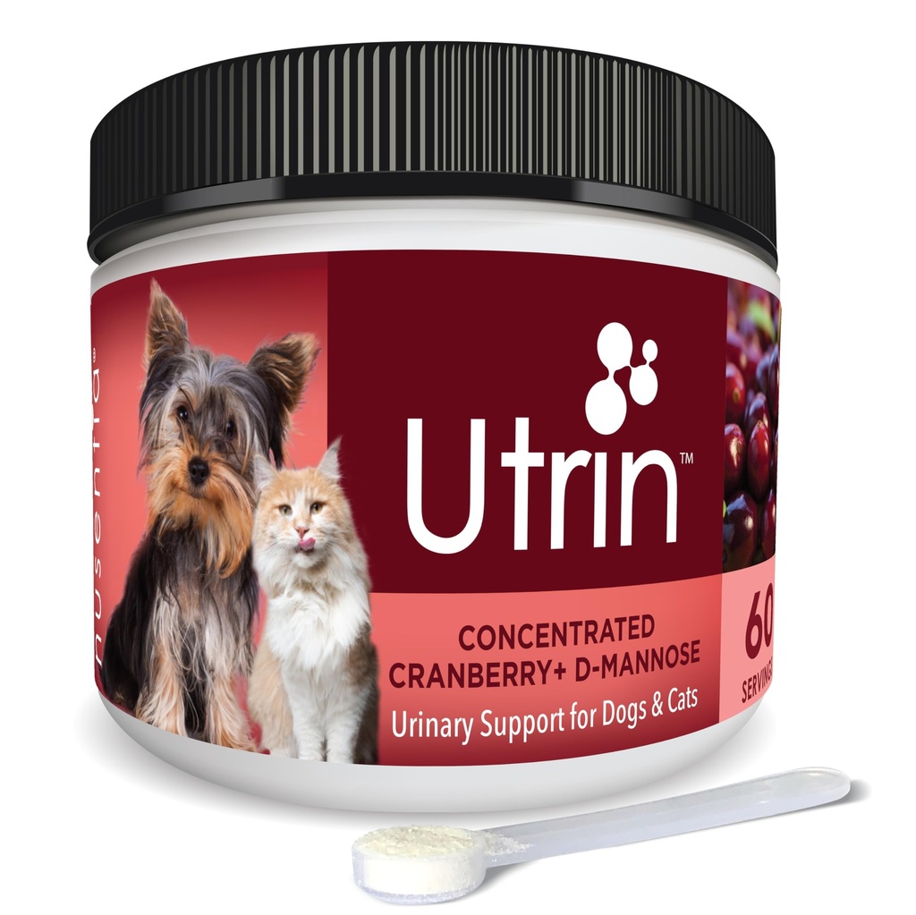 NUSENTIA UTRIN - Močová podpora pro kočky a psy - Dual- Action Cranberry & D- Mannose - pro zdraví, Inkontinence a opakování UTI, 60 Služeb