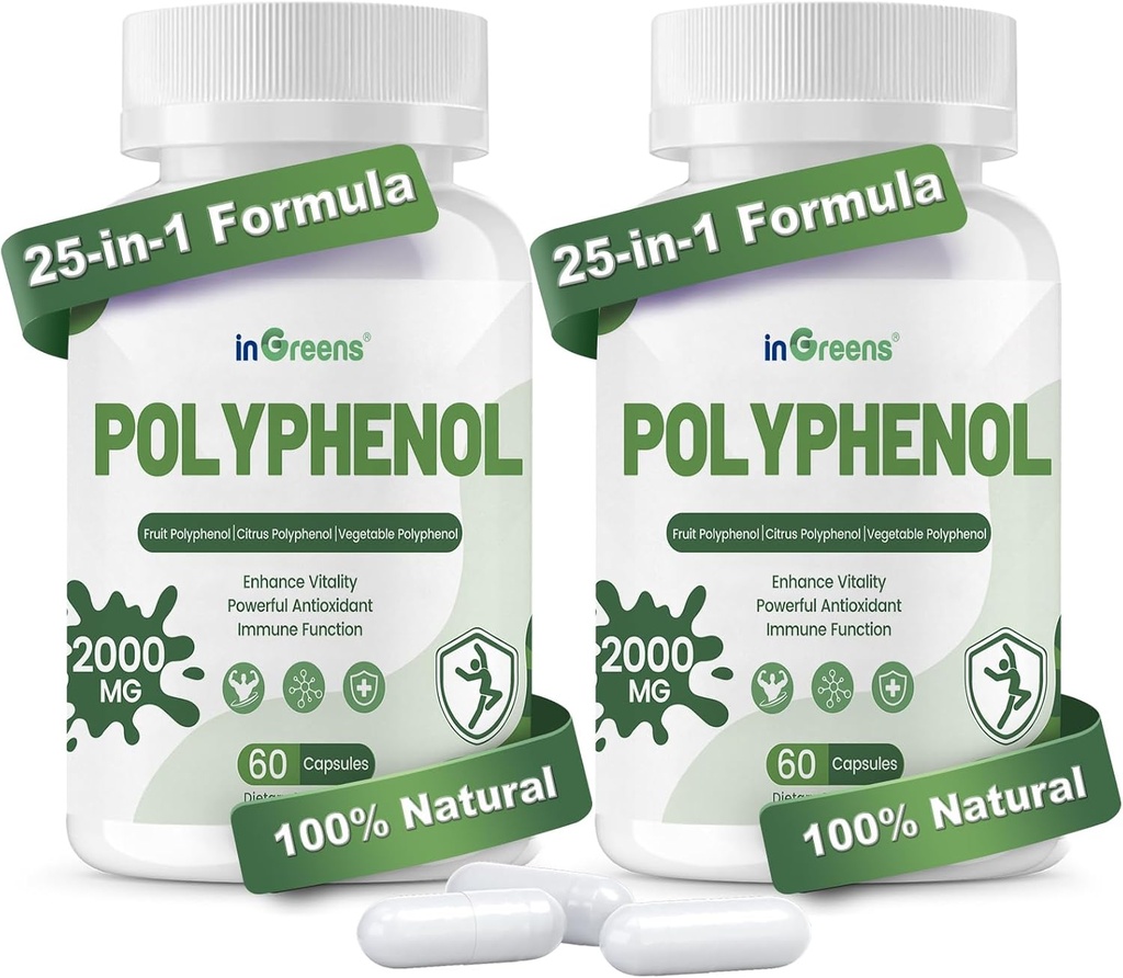25- in-1 Polyfenoly dodatek, 2000MG Výkonné antioxidanty & Polyfenol pro věk obrany, Polyfenol Superfood, Quercetin, Resveratrol, Plant- Based & Energy, Imunitní podpora, 120 Kapsle
