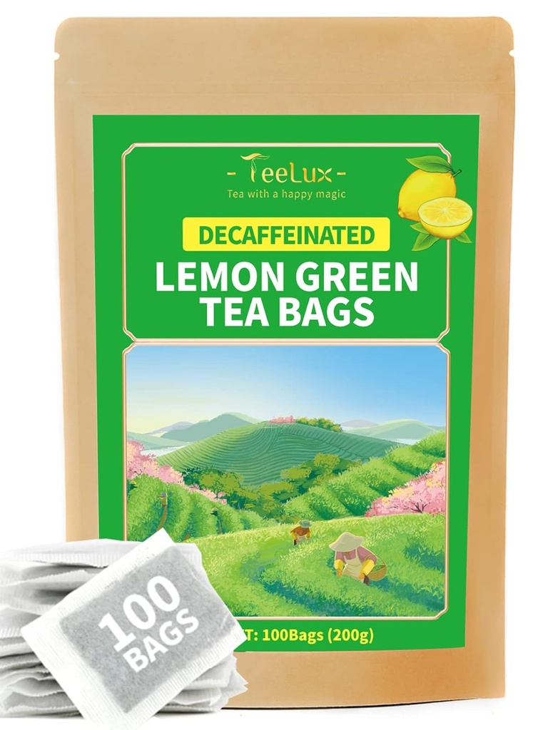 TeeLux bez kofeinu Lemon zelený čaj, hladký čaj bez kofeinu s osvěžující citrón Aroma & Flavor, 100 Počet