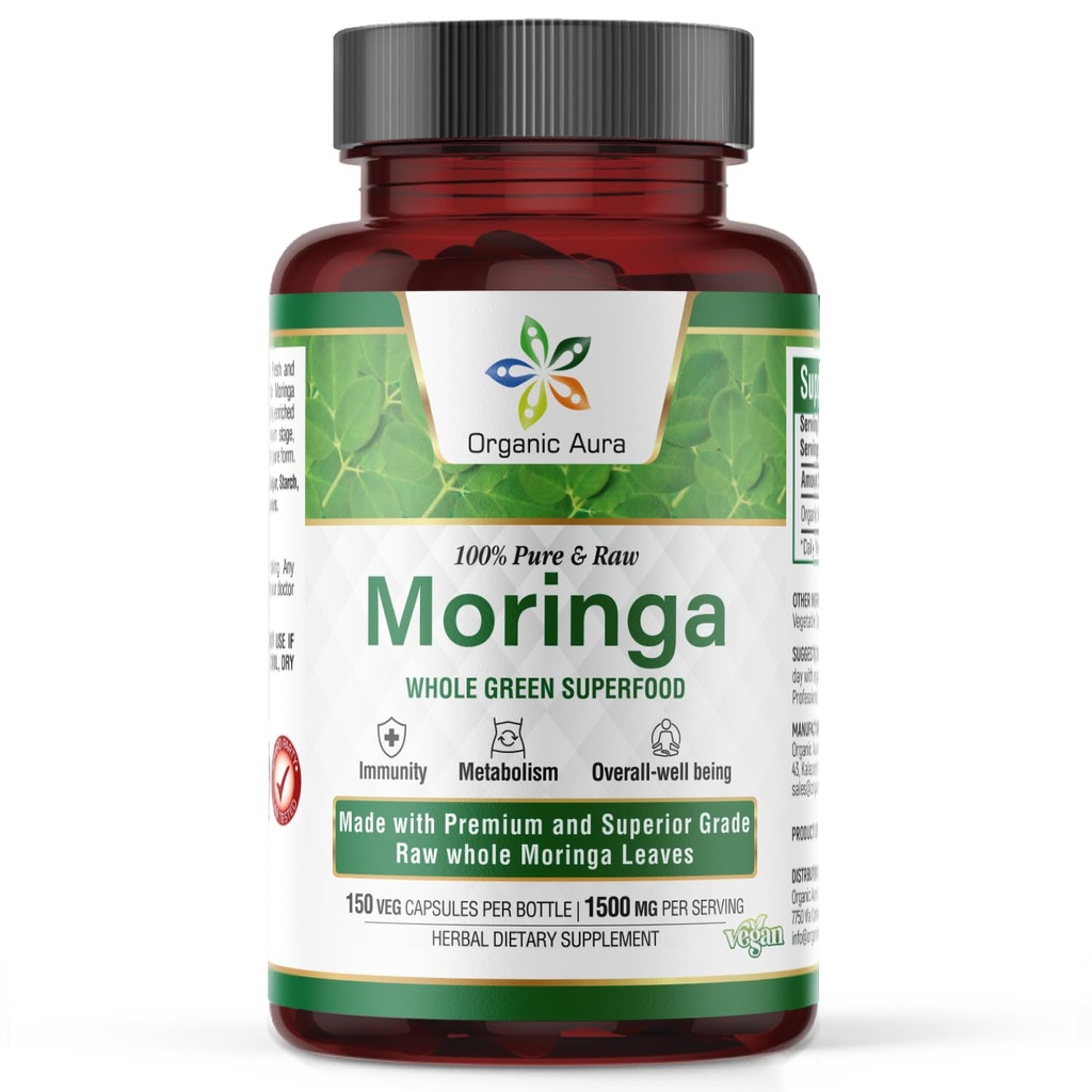 Organic Aura Moringa Leaf Kapsle 124; 1500mg - 150 HPMC Veg Vigna 124; All Leaves Green Super Food Nutrition Is124; Přirozeně zvyšuje metabolismus, Energie, zdraví, & Stamina Vigna 124; 100% Čistá Moringa Vigna 124; Non GMO.