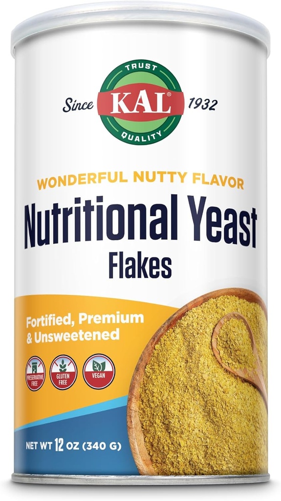 Kal Nutritional Yeast Flakes, opevněné B12, kyselina listová a ostatní vitaminy B, neslazené, Great Nutty Flavor, Vegan & gluten zdarma, 60denní záruka vrácení peněz, Made in the USA, 34 Servings, 12oz
