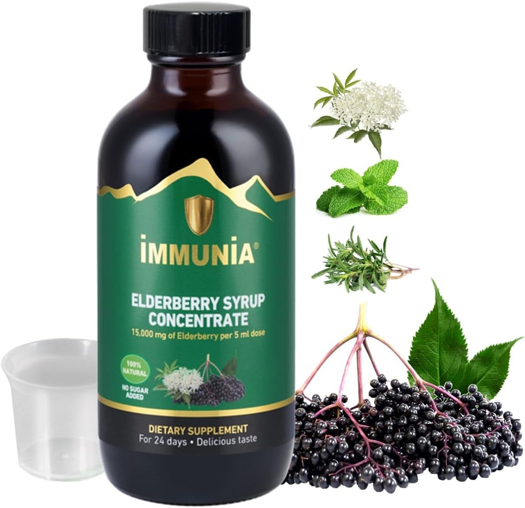 Imunia Elderberry Sirup pomáhá posílit imunitní systém. Elderberry Concentrate s Elderflower, Thyme a Peppermint. Bez přidaného cukru. Vynikající chuť. 24 dní / láhev. (1- balení)